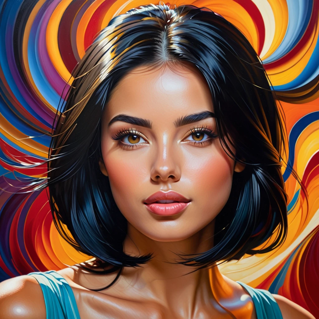 A woman with straight black hair, brunette skin, rounded face, detailed portrayal, realisitic, photorealisitic, hyper detailled, oil painting, swirly vibrant colors, warm lighting