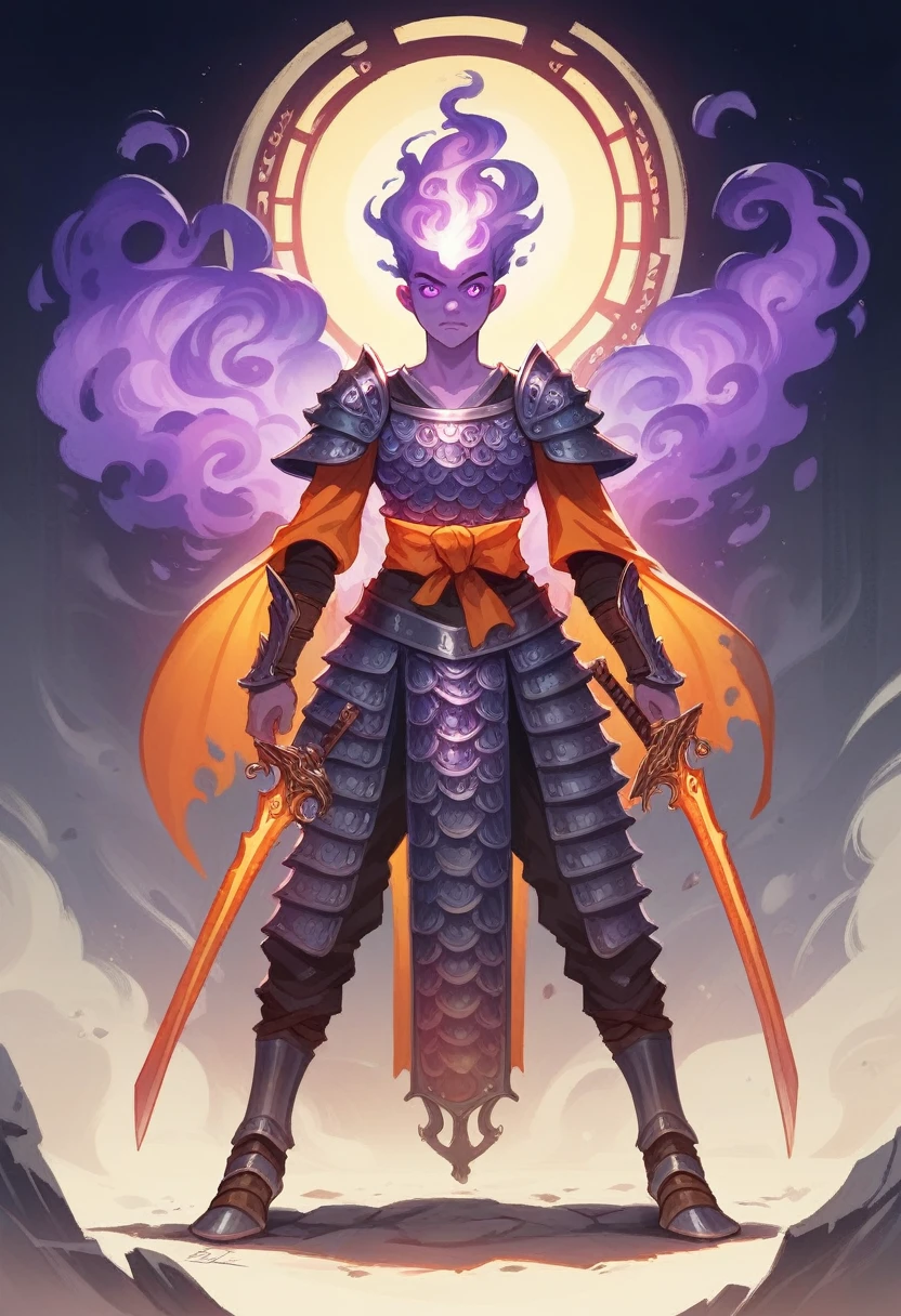 a samurai in chainmail armor, flaming orange sword, glowing purple eyes, glowing yellow aura, deeply mysterious semi-translucent purple smoke, highly detailed, hyper-realistic, 8K, cinematic lighting, dramatic, dark fantasy, fantasy art, digital art, concept art
