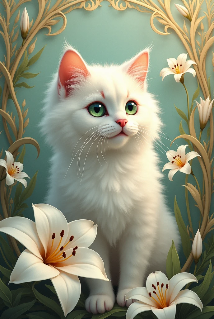  fluffy white cat with heterochromia with lilies art nouveau conceptualizado mejor