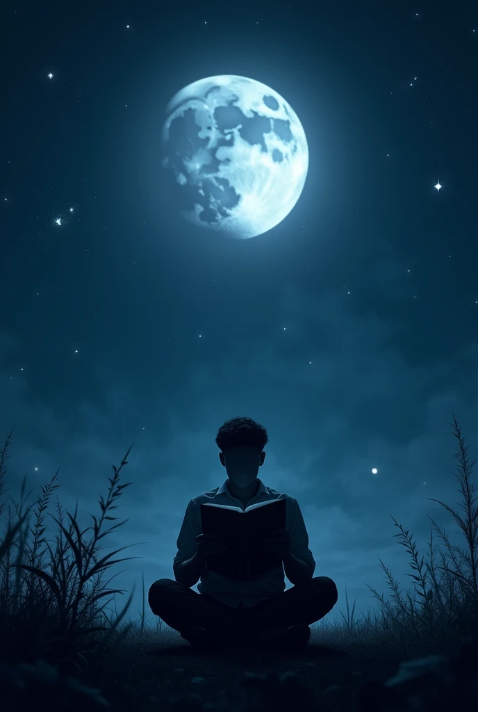 make a picture a man who read book under the moon sky. Man face not to be clear