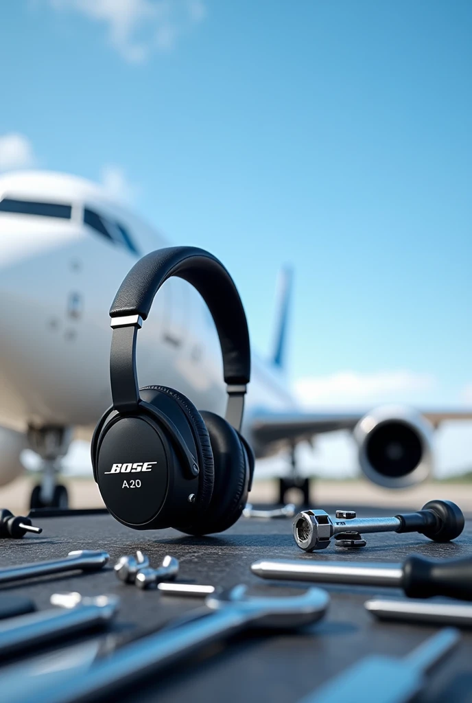 an airplane in the background, A blue sky, maintenance tools and a BOSE brand aviation headset model A20 ready to be repaired