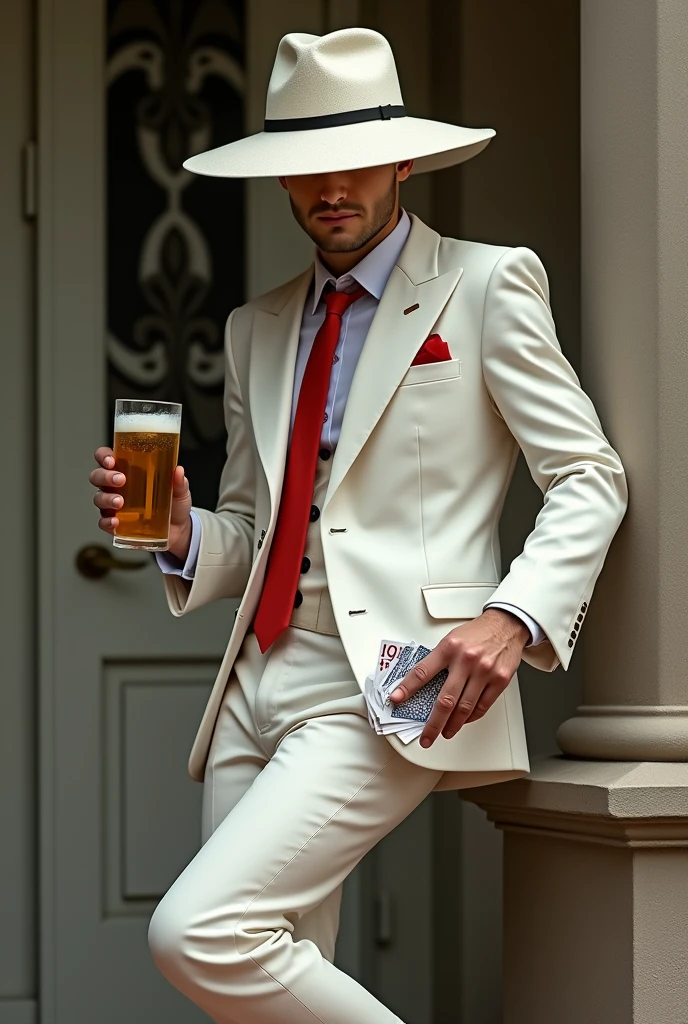 Serious man, wearing a white Panama hat with a red one, almost covering his face. wearing a white suit with a red tie and thin shoes, holding a glass of beer and a deck of cards in outher hand. a cheeky, mischievous man, leaning against a half-moon post