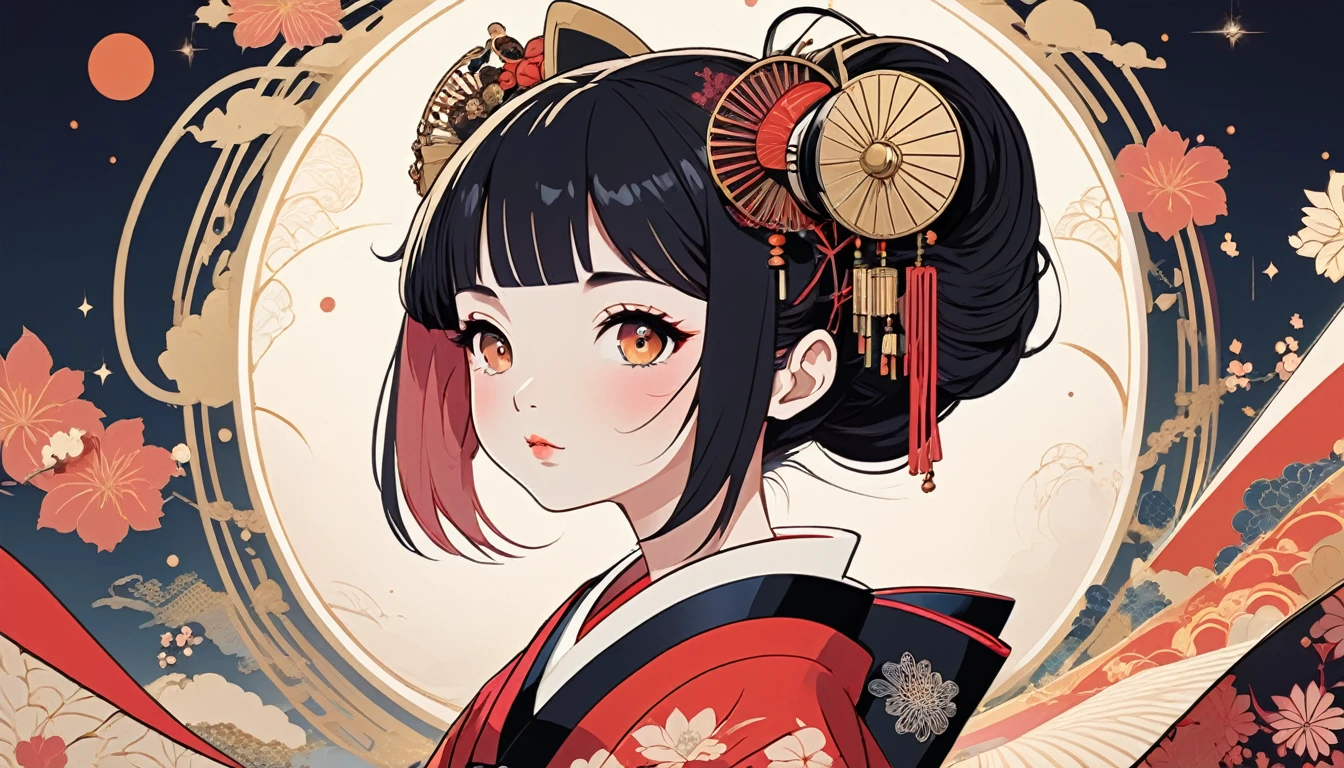 Oiran with Japanese style headphones、fan、Wide-angle lens, Lofi Anime, Lofi illustration, Aesthetic atmosphere, Lo-Fi Style, Vector art, Flat Design, Simple shape, Warm tones, Pleasant atmosphere, Chill, In anime style, Digital drawing, Vector art, Vector logo for t-shirt printing, (Adorable:1.5), (small:1.4), (Playful:1.2), (soft:1.3), (Whimsical:1.1), masterpiece, Highest quality, 8k, Intricate details, grow, Celestial, Mysterious, Picturesque, amazing, Majestic, Magic, Fantasy art, Cover art, dream-like