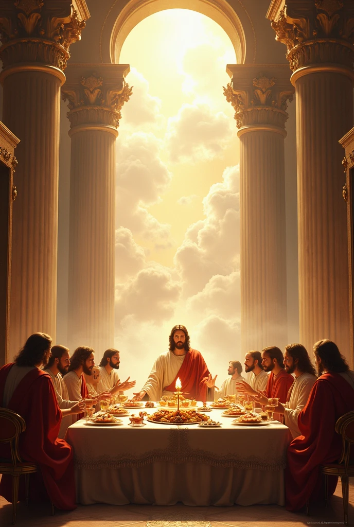 Create images of Jesus Christ at a large table in heaven with the apostles video with movements 