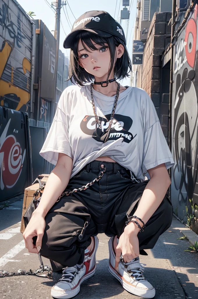 Absurd, Super detailedな,(In 8K:1.3),Masseter muscle area,(masterpiece:1.2)、(Highest quality)、4K、Super detailed、(Movement Structure:1.4)、(Shining Lights、Atmosphere lighting), High resolution, Best Quality、(One person:1.4),Super detailedな,Bright colors、Treebreak Production Art、(Warm color light source:1.2),High-level image quality、Fine image quality、Intricate details,Volumetric Lighting,Realism BREAK、Profile、 Idol face、15 years old、Very beautiful face and eyes, Beautiful images、natural make up、 big eyes,、 (full-body shot:1.3)、 (breast grab)、 (Big Tits:1.2)、(curvy body)、(glossy skin :1.5)、(Baby Face:1.5)、 (graffiti:1.5)、 (black hair,short hair:1.2)、(charcoal、oversized t-shirt:1.5)、(black、Supreme box logo cap:1.5)、(black、Short cargo pants、Wallet Chain:1.5)、(white、Low Cut、sneakers:1.5)