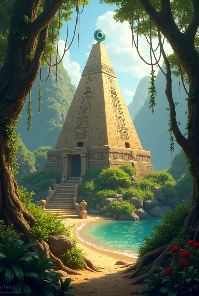 With a concept art style, draw a hidden island in the forest that has as its protagonist an Egyptian sand pyramid with a small floating glass eye at the top seen from above