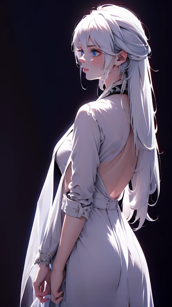 1 Girl, medium light white hair, light blue eyes, wearing Black Suit 4D , night club TOWN , high res, ultrasharp, 8K, masterpiece, looking from behind