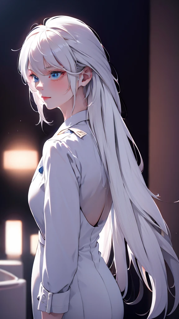 1 Girl, medium light white hair, light blue eyes, wearing Black Suit 4D , night club TOWN , high res, ultrasharp, 8K, masterpiece, looking from behind