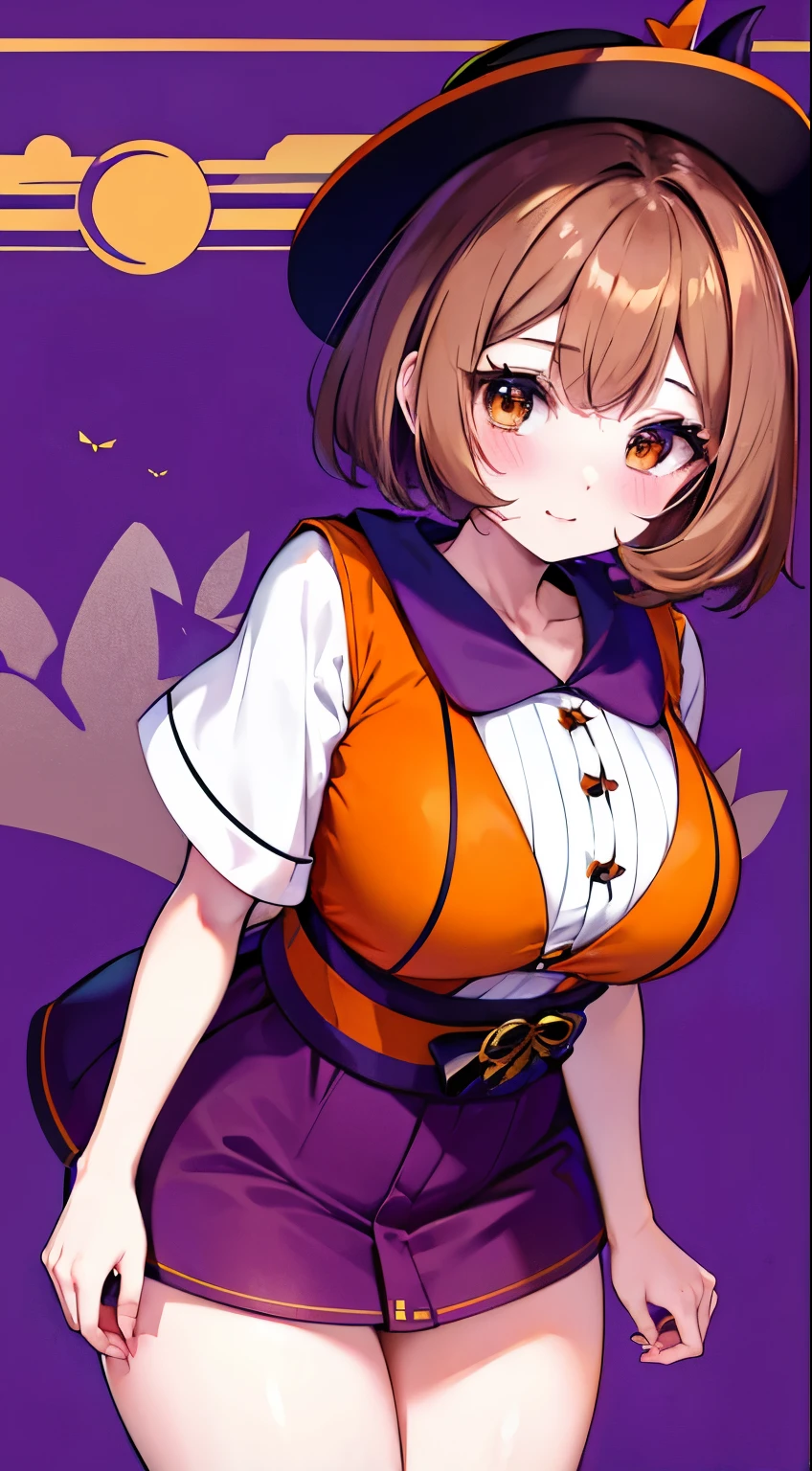 Brown hair，Orange Eyes，short hair，hat，Purple dress ，Xiaoyou【Pokémon】，beauty，Japanese University Students，Halloween background，blush，Large Breasts