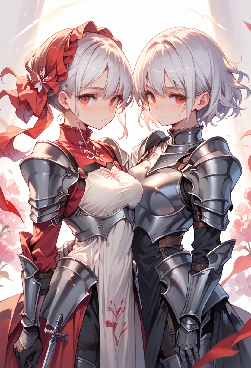 two beautiful knight anime sisters, one sister has long white hair and the other sister has short black hair, standing side by side wearing sexy black knight armor, crimson eyes, hd, 4k, detailed, hot