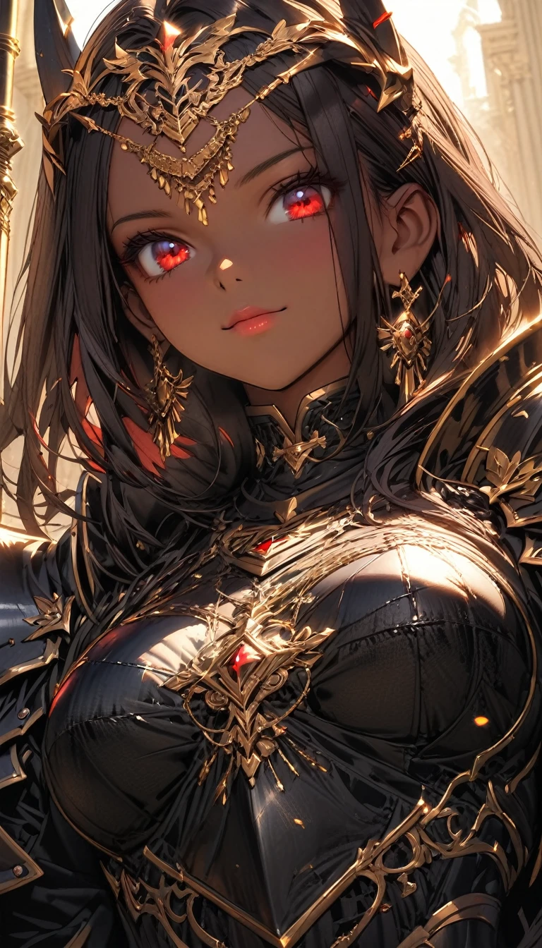 (best quality: 1.2, very detailed, high detail, ultra-high resolution, masterpiece: 1.2, 8k, top quality, best aesthetic, perfect lighting: 1.2, best shadow, high contrast, high color saturation), anatomically correct, perfect hands, fantasy, mysterious, cinematic lighting,
((full armored female knight: 1.5)), ((carry a spear in one's hand: 1.5)), ((black heavy armor: 1.4)), spear, helmet, gauntlet,
long straight hair, (onyx black hair: 1.3), shining red eyes, light reflecting in the eyes, (finely detailed beautiful eyes: 1.3), (eyelash: 1.2),
tall, long limbs,
(cowboy shot: 1.3), (from below: 1.3),
inside the castle, golden throne room,
photographed from the front, deep depth of field,