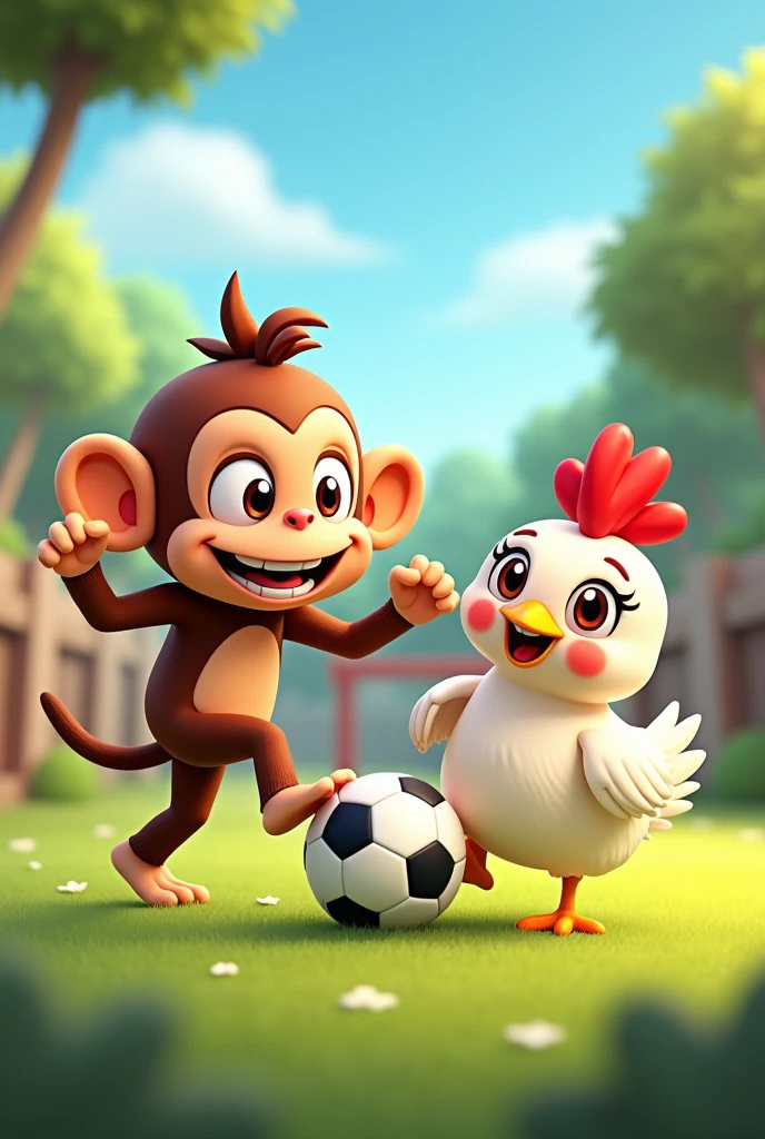 Cartoon monkey playing soccer with cartoon chicken