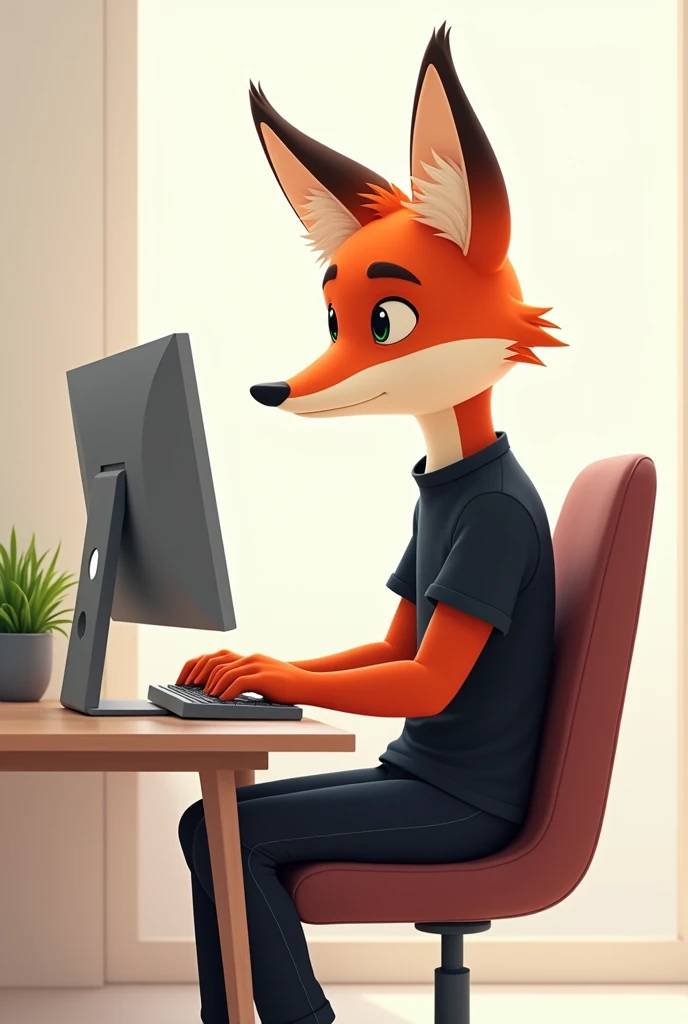 Young male fox computer workwear black color casual full body Disney style transparent background
