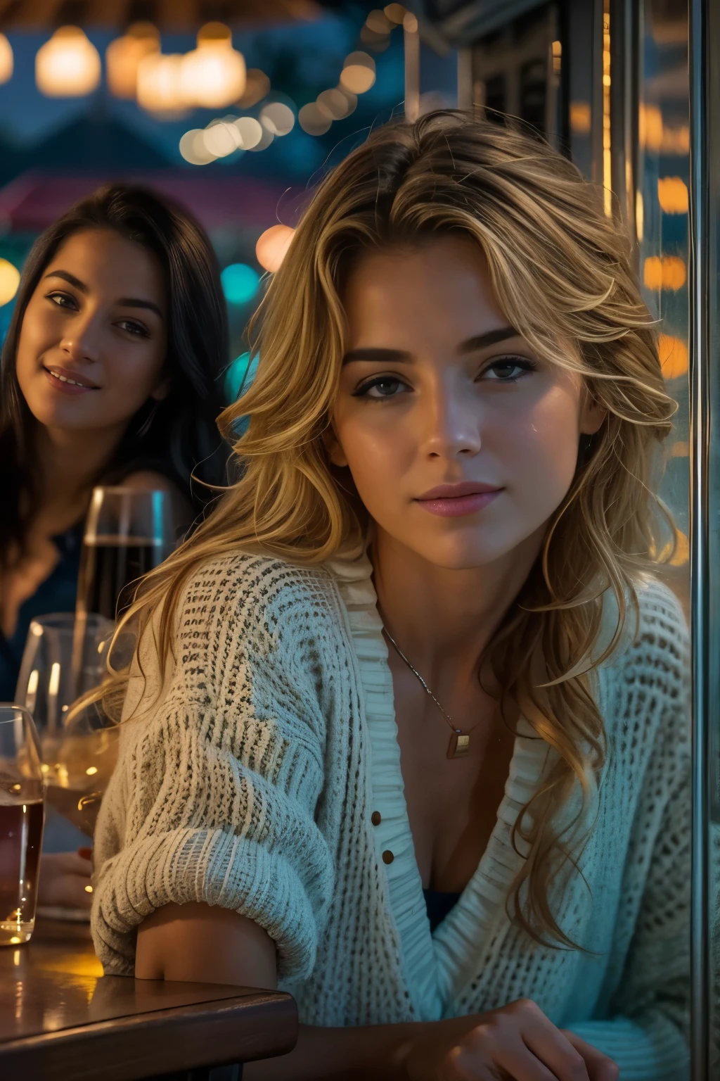 Masterpiece, 3girls 20 years old beautiful Dutch women, nautical wear, sweater slacks at the bar lounge luxury yacht carribean ocean night time, bokeh, best quality (deck party), intricate details, analog film, canon d5, 16K, ultra high res.photorealistic, HDR, UHD, DSLR, RAW, natural light, sharp focus, cinematic lighting