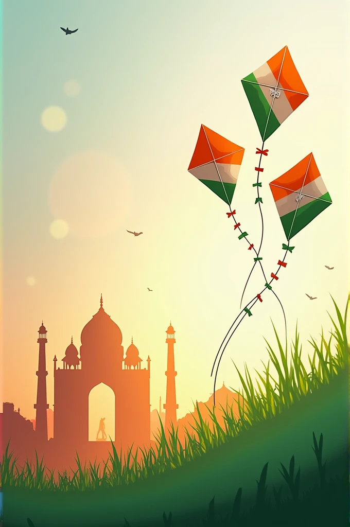 design a image that reflects the happiness of Independence Day at India location. Slogan or Quote: Include a patriotic slogan like "Jai Hind," "Vande Mataram," or "Unity in Diversity."
Date: Highlight "15th August" as the date of celebration. Kites are often associated with Independence Day celebrations in India, especially in Delhi.