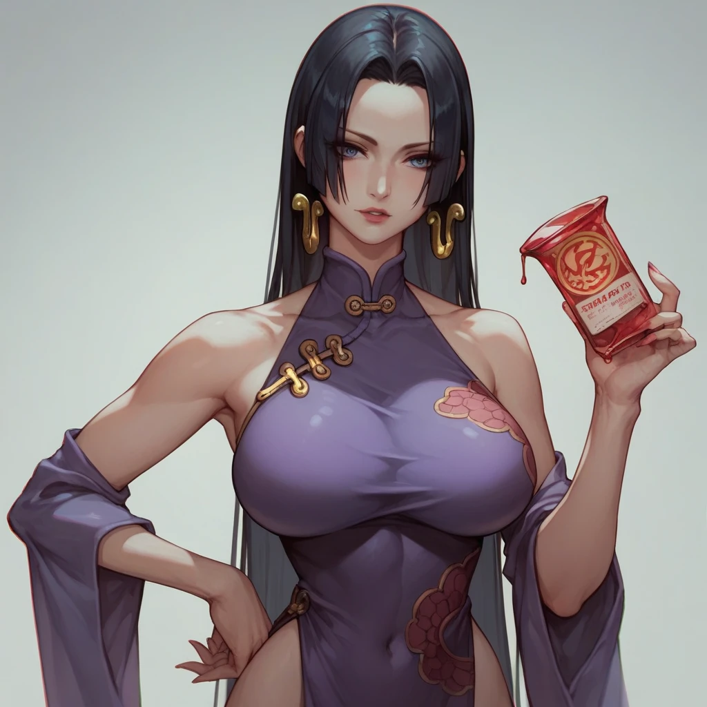 score_7_superior, score_6_superior, Highest quality, sauce_anime, One person, Boa Hancock, Black Hair, Big Breasts, Are standing, Gorgeous purple cheongsam,　Sexy pose