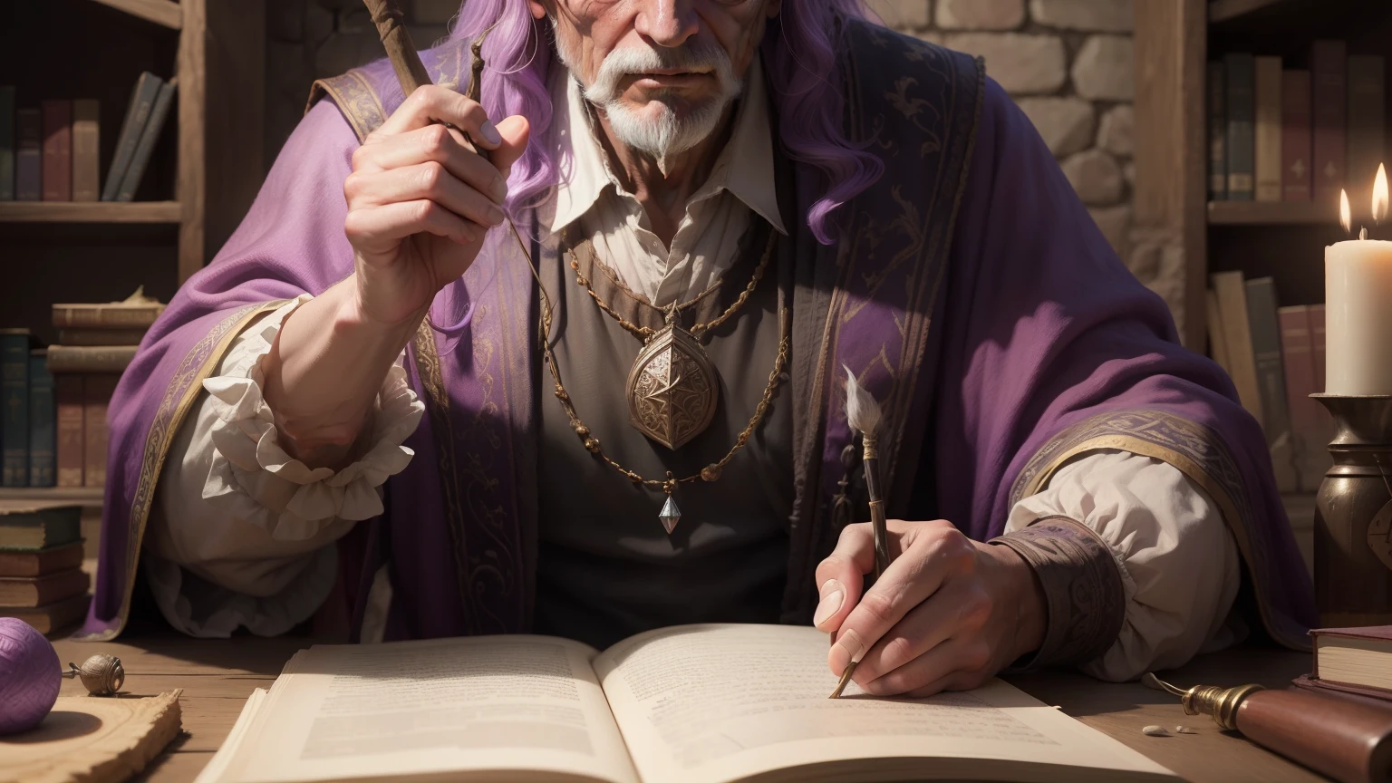 an old wizard casting a (spell), 17th century, texturas ultra detalhadas, layers of textures faithful to reality, soft lighting, detalhamento realista com tons de roxo e lilas