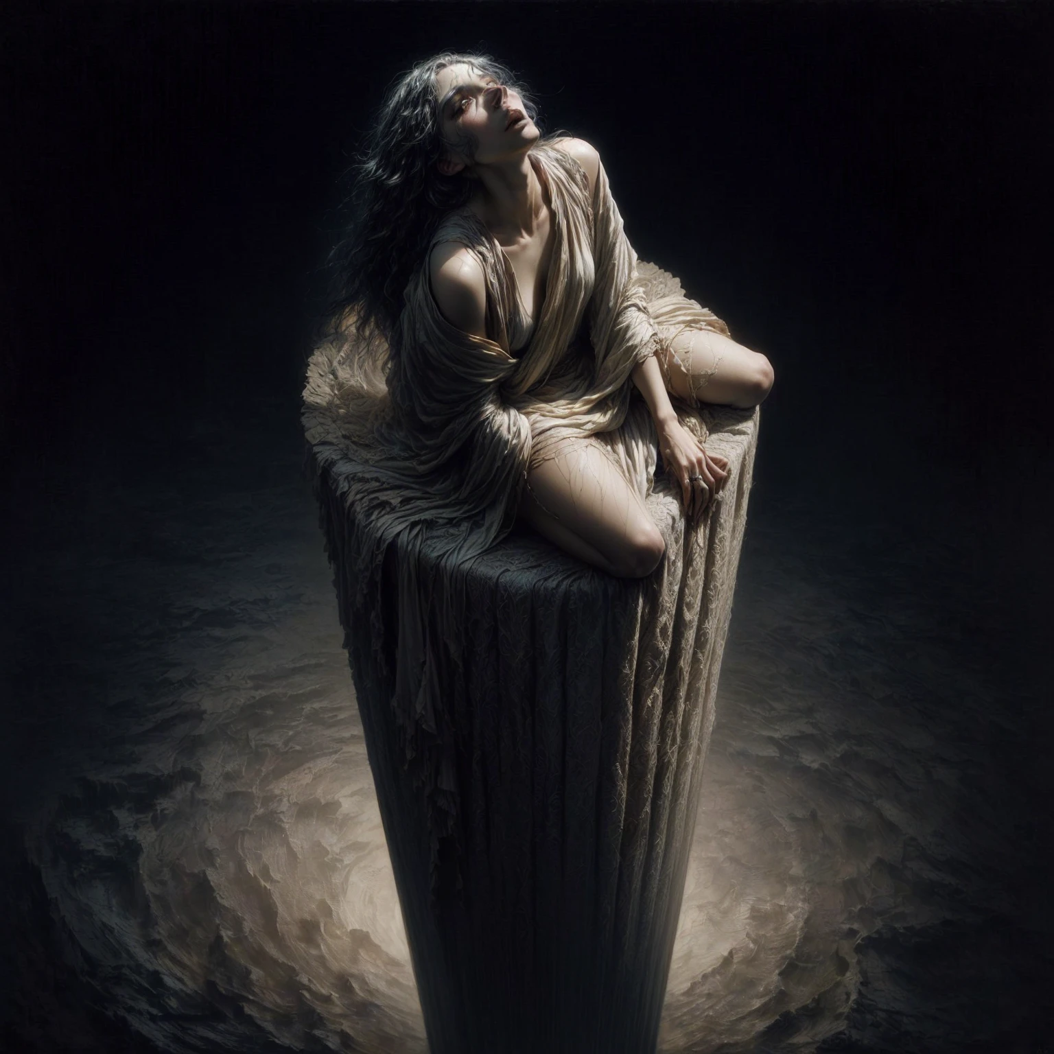 arafed woman sitting on a pedestal in the middle of a dark room, anton semenov, wayne barlowe pierre pellegrini, agostino arrivabene, guillem h. pongiluppi, dark surreal art, surreal dark art, greek dark ritual myth, grim dark orientalism, sylvain sarrailh and igor morski, angel of grief