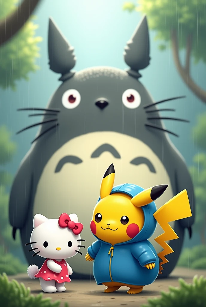 Fat Pikachu and hello kitty dress blue rain suit and large totoro draw art