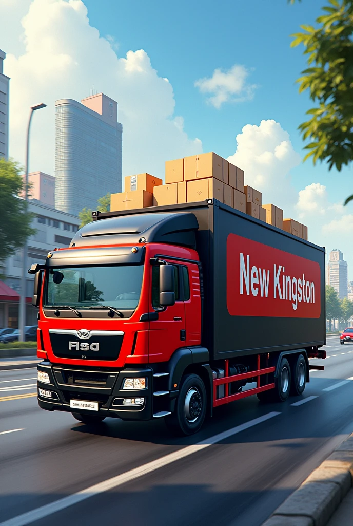 Lorry company create the name is New Kingston background on the road, bring the item like many boxes,colour Red black