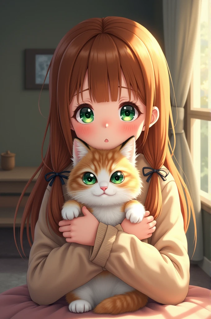 Girl holding a Siberian。
Her hair is half-pigtailed and her eyes are green.。
The cat's eyes are green。
I want it to be drawn in an anime style with a gentle and gentle atmosphere.