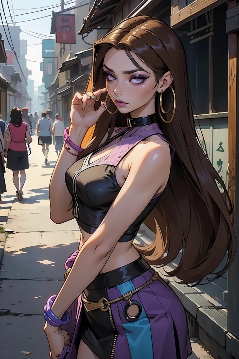 Goddess ((goddess-like woman)), slim elegant silhouette, masterpiece, best quality, (Darcy/Winx Club S1), pale skin, fair skin, sweet face, long hair, (masterpiece:1,2, best quality), (real picture, intricate details), (1 lady, solo, medium tits), light purple eyes, kissable mouth, full lips, brown hair, multicolored hair, (brown hair, multicolored Hair), very long hair, straight hair, bracelet, hoop earrings, beautiful face, beautiful eyes, she looks at the viewer, she wears ninja clothing with mesh element, crop top, short skirt, collar, clothing with mesh element, ninja, elegant pose, elegant hands, beautiful hands, perfect fingers, background: city, market alley of a Japanese city, walks through a market alley, there are stalls on the left and right of the alley
