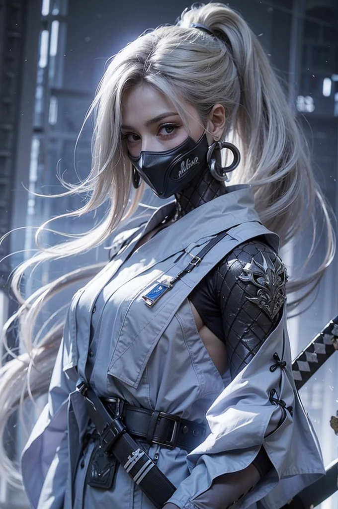 woman with long white hair, blue eyes, white battle suit and shiny silver armor underneath, has a katana on her back