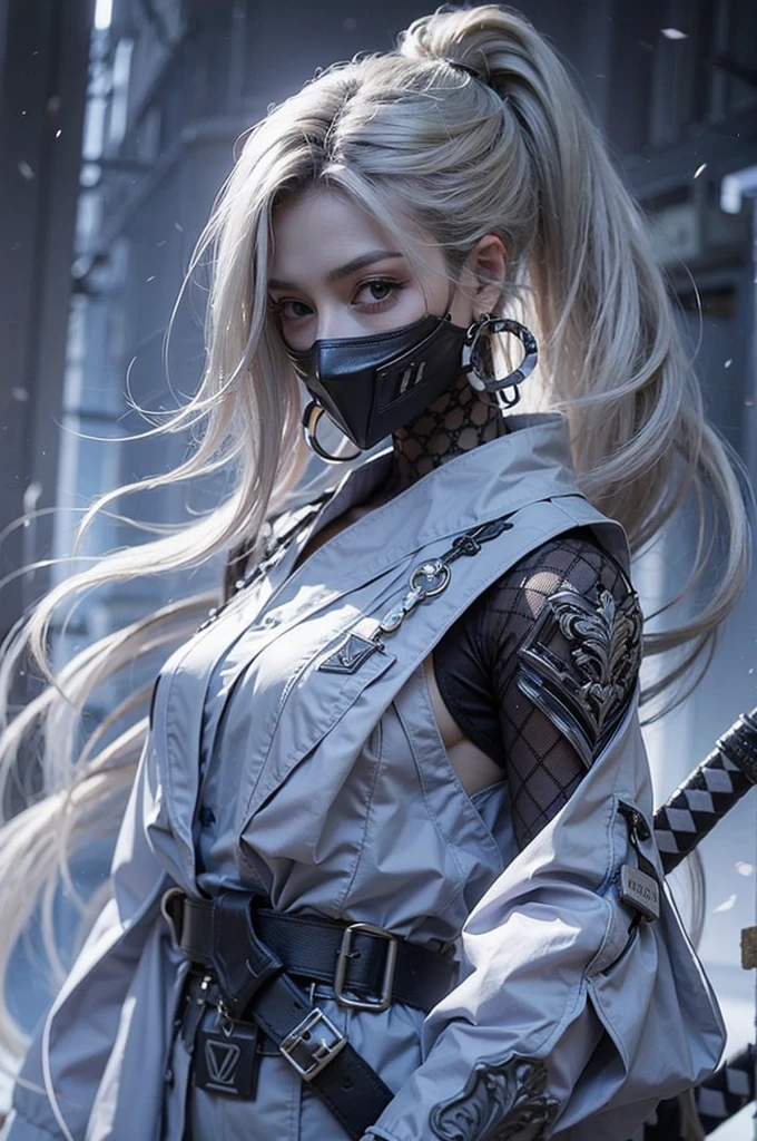 woman with long white hair, blue eyes, white battle suit and shiny silver armor underneath, has a katana on her back