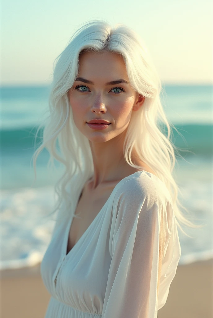 White woman white hair with blue eyes standing at the beach