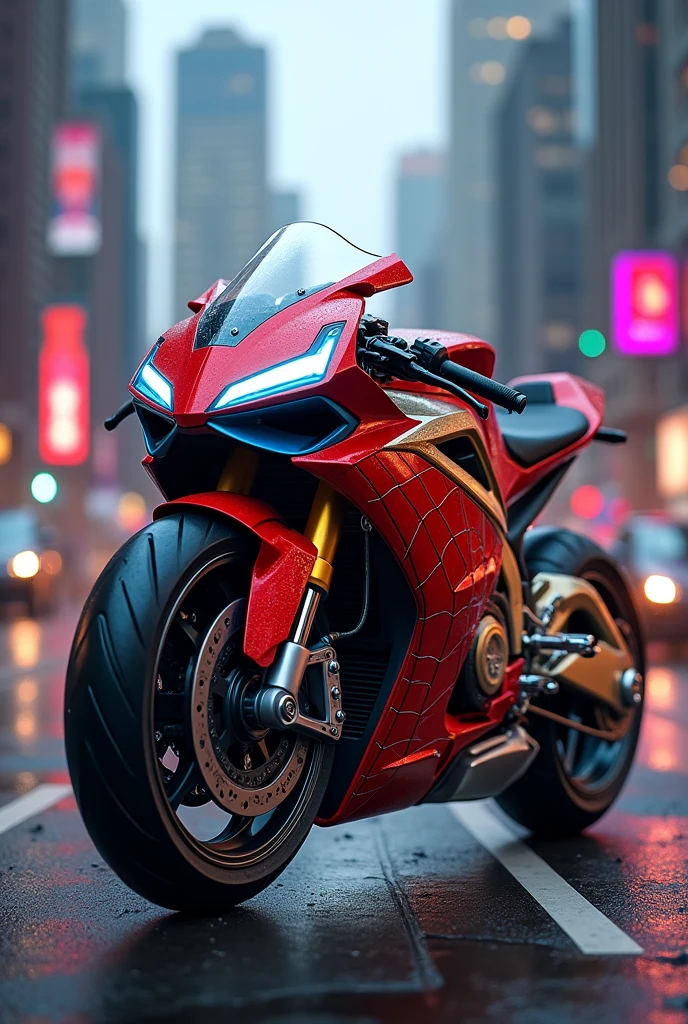 A motorcycle with half of Spiderman and the other half of Ironman