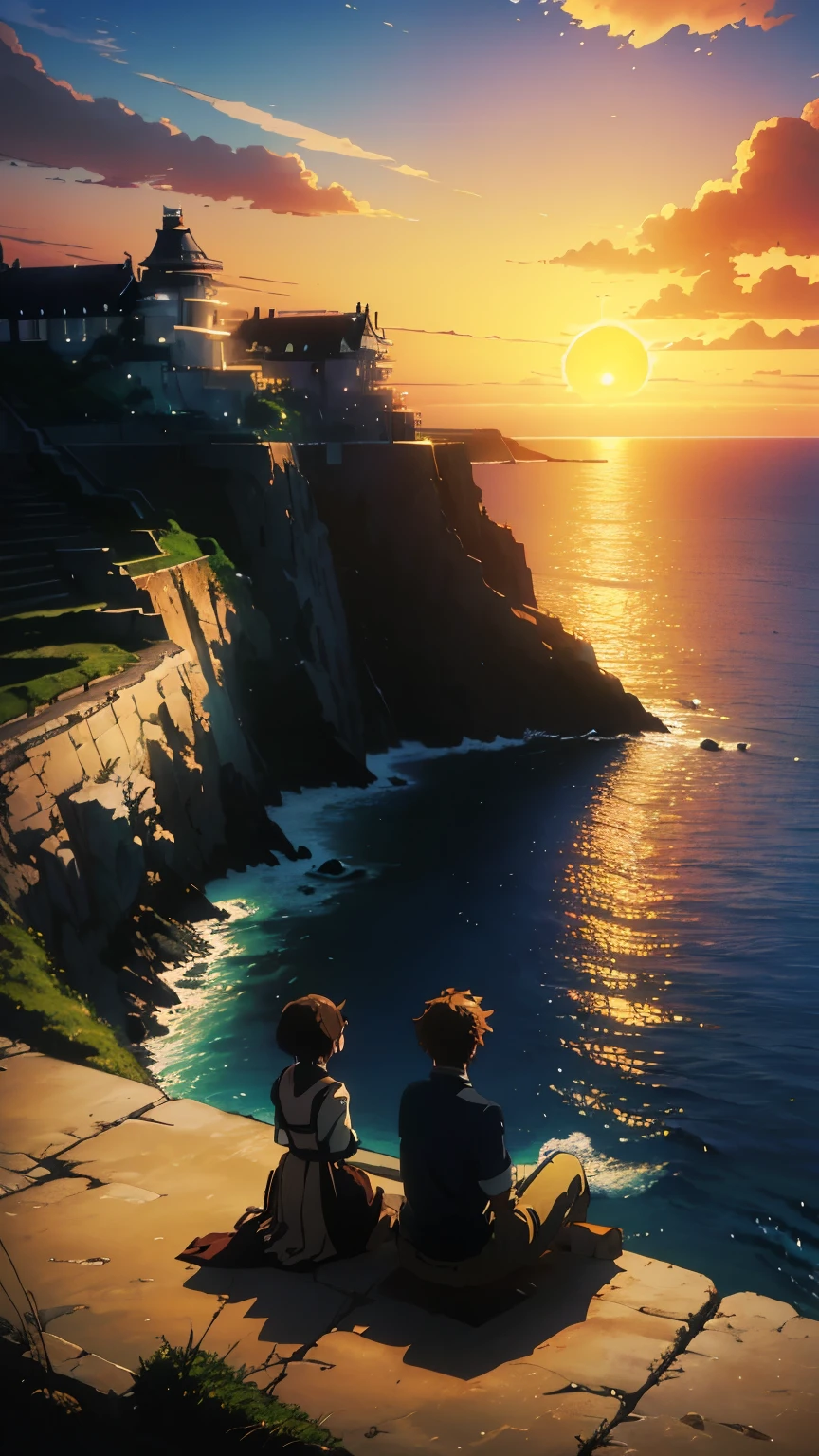 a group of people sitting on a cliff watching the sun set, watching the sun set. anime, beautiful anime scene, studio ghibli sunlight, anime beautiful peace scene, beautiful anime scenery, ( ( makoto shinkai ) ), makoto shinkai cyril rolando, anime. by makoto shinkai, makoto shinkai. —h 2160