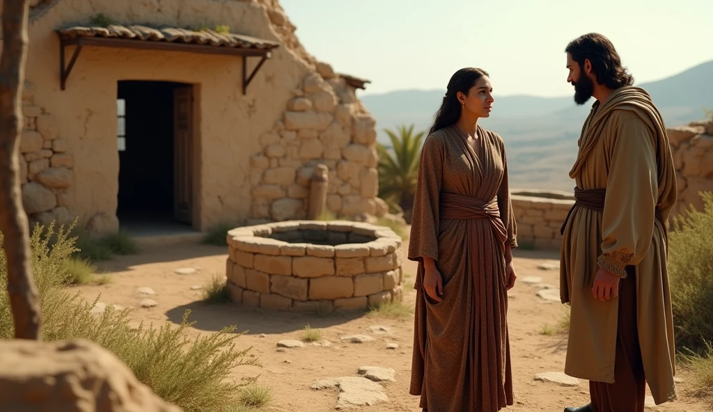 (best quality: 1.4), (Ultra Highres: 1.2), (photorealistic: 1.4), (8k, RAW photo: 1.2). The description of the Samaritan woman's physical appearance is not detailed in the biblical narrative, but her Samaritan origin suggests that she likely had similar characteristics to other people in the region. Without historical-cultural context, the story of the Samaritan woman. talking to a rustic-looking man in front of his house,