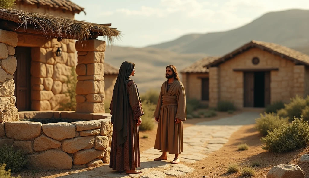 (best quality: 1.4), (Ultra Highres: 1.2), (photorealistic: 1.4), (8k, RAW photo: 1.2). The description of the Samaritan woman's physical appearance is not detailed in the biblical narrative, but her Samaritan origin suggests that she likely had similar characteristics to other people in the region. Without historical-cultural context, the story of the Samaritan woman. talking to a rustic-looking man in front of his house,