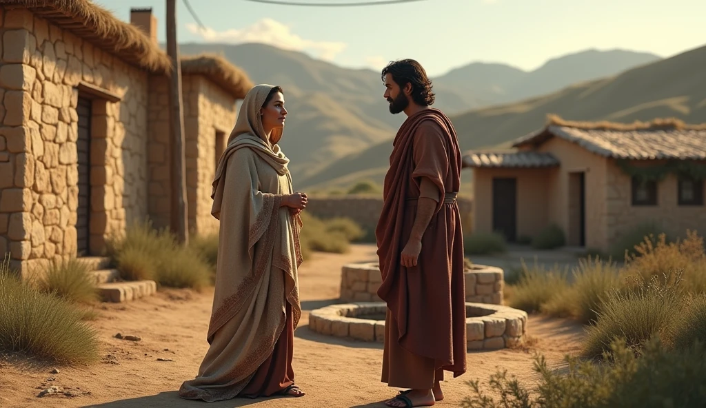 (best quality: 1.4), (Ultra Highres: 1.2), (photorealistic: 1.4), (8k, RAW photo: 1.2). The description of the Samaritan woman's physical appearance is not detailed in the biblical narrative, but her Samaritan origin suggests that she likely had similar characteristics to other people in the region. Without historical-cultural context, the story of the Samaritan woman. talking to a rustic-looking man in front of his house,