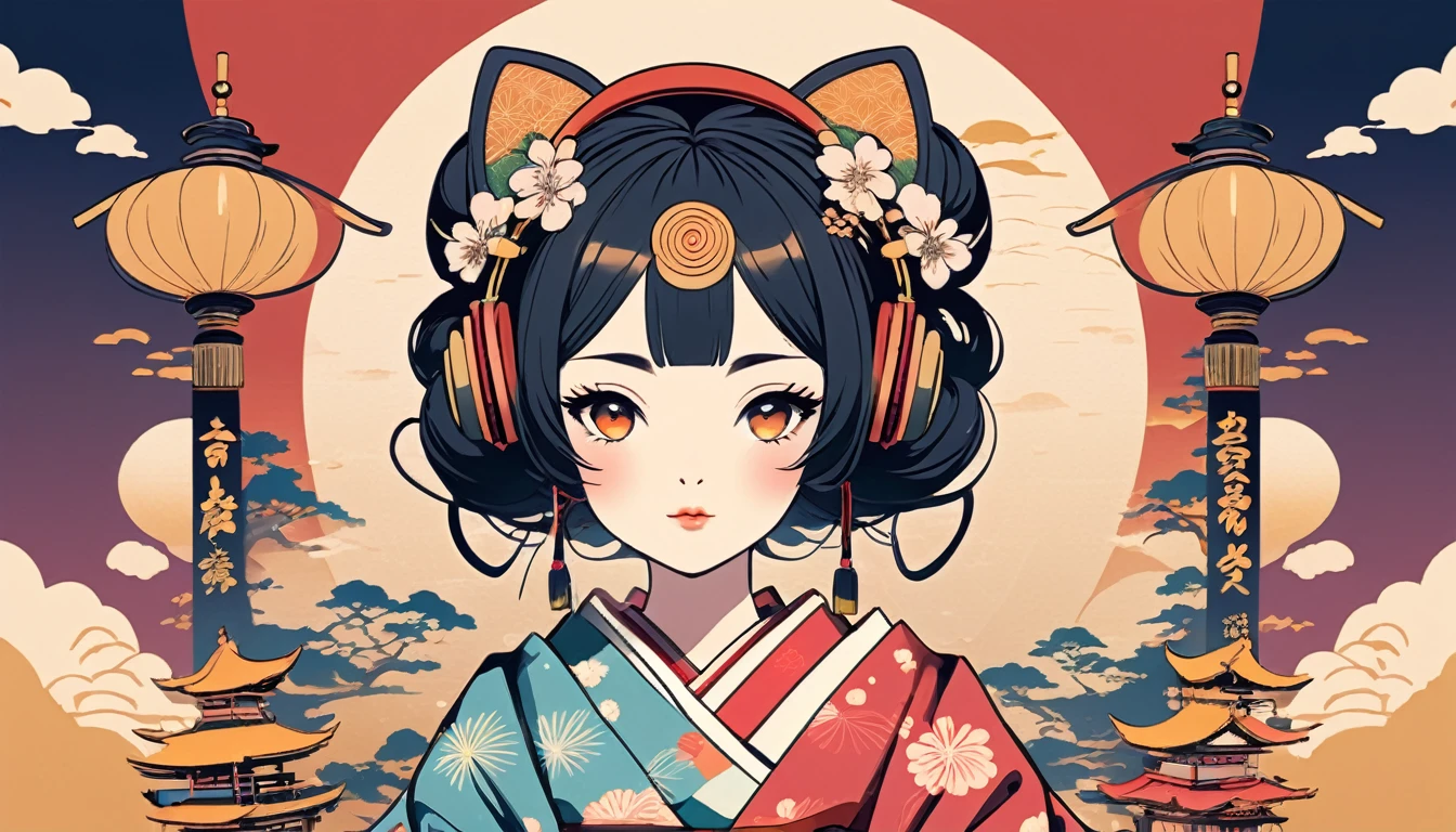 Oiran with Japanese style headphones、fan、Modern ukiyo-e style、Wide-angle lens, Lofi Anime, Lofi illustration, Aesthetic atmosphere, Lo-Fi Style, Vector art, Flat Design, Simple shape, Warm tones, Pleasant atmosphere, Chill, In anime style, Digital drawing, Vector art, Vector logo for t-shirt printing, (Adorable:1.5), (small:1.4), (Playful:1.2), (soft:1.3), (Whimsical:1.1), masterpiece, Highest quality, 8k, Intricate details, grow, Celestial, Mysterious, Picturesque, amazing, Majestic, Magic, Fantasy art, Cover art, dream-like