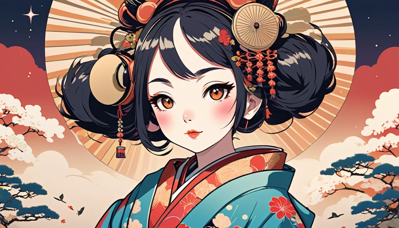 Oiran with Japanese style headphones、fan、Modern ukiyo-e style、Wide-angle lens, Lofi Anime, Lofi illustration, Aesthetic atmosphere, Lo-Fi Style, Vector art, Flat Design, Simple shape, Warm tones, Pleasant atmosphere, Chill, In anime style, Digital drawing, Vector art, Vector logo for t-shirt printing, (Adorable:1.5), (small:1.4), (Playful:1.2), (soft:1.3), (Whimsical:1.1), masterpiece, Highest quality, 8k, Intricate details, grow, Celestial, Mysterious, Picturesque, amazing, Majestic, Magic, Fantasy art, Cover art, dream-like