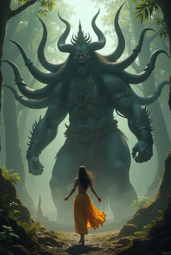 The image should show Ravana, a powerful demon king with ten heads and twenty arms, in the act of abducting Sita.