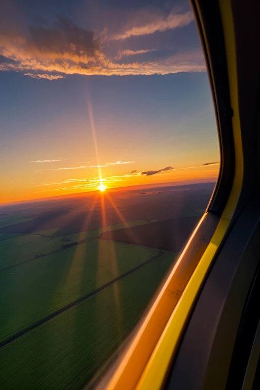 Aircraft window,Sunset,Green Flash,Vast farmland