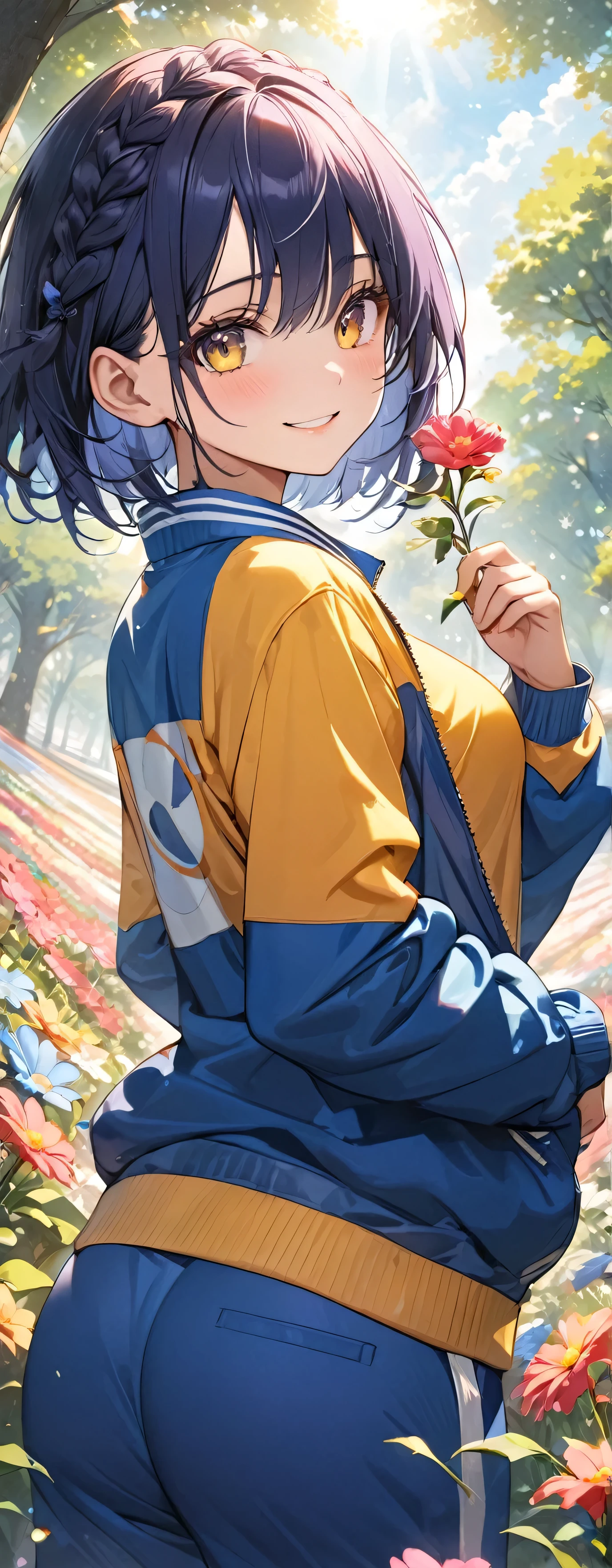masterpiece, Highest quality, Ultra-high resolution, (beautiful girl: 1.3), (Crown braid&Straight hair&short hair),Indigo Hair,Highly detailed eyes,Yellow and black eyes,Looks about 、 (Blue sweatpants:1.3), (The jacket is a blue track jacket.....: 1.3),Flower Field,((Focus on the very big things, Round and beautifully shaped butt)),fine,Big smile,I have flowers,sunlight through trees,slant eyes,(((the world turns upside down)))