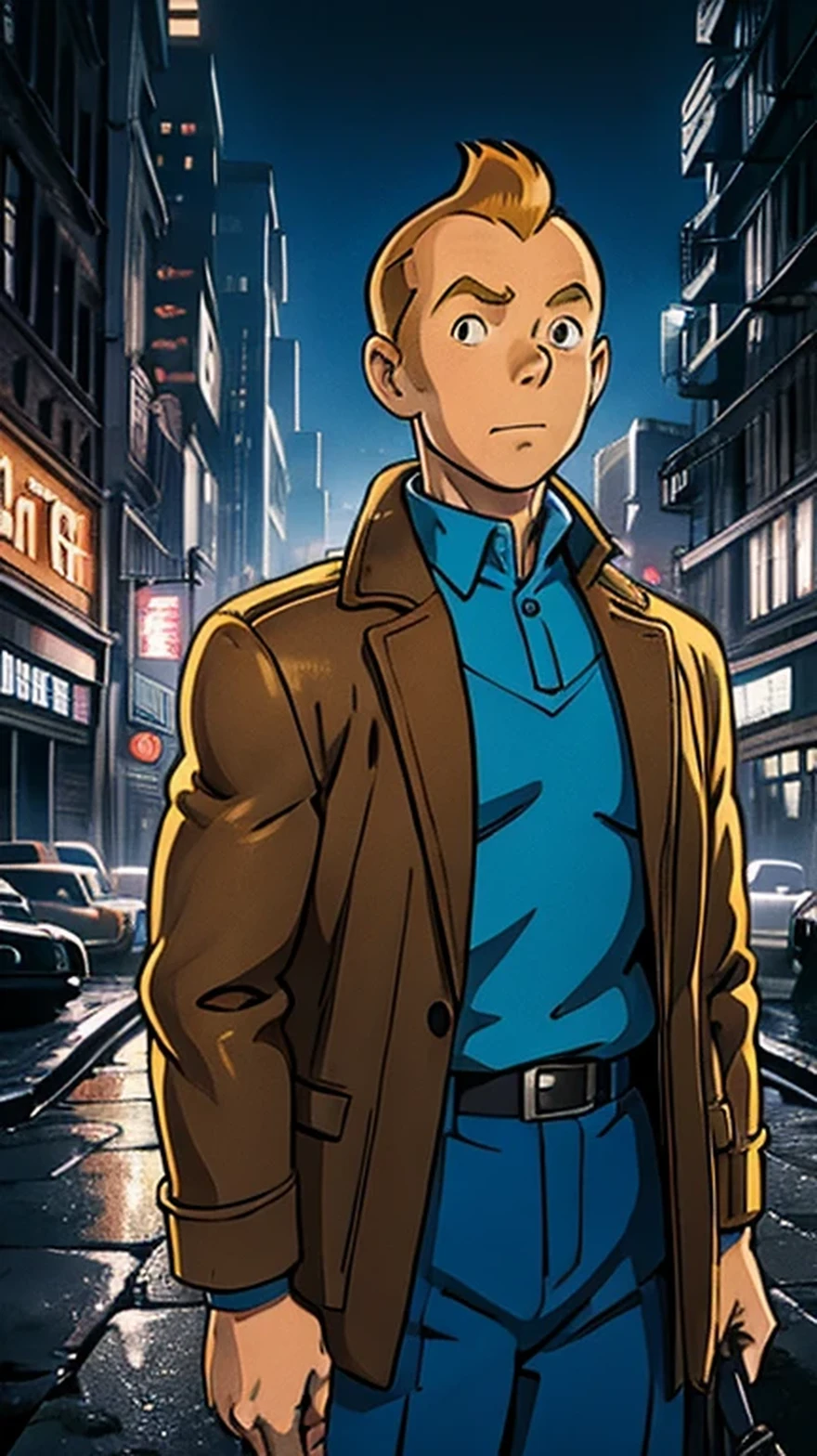 (Tintin,1boy, blue top, brown pant, Brown jacket), (extremely detailed CG unit 8k wallpaper),(master part), (best quality), (ultra detail), (best illustration),(ghibli style), cowboy shot, (Sharp eyeliner, ombre, detail eyes:1), dark city, outdoors, ,break , (mad-sincity), upper body,1940s, noir, night