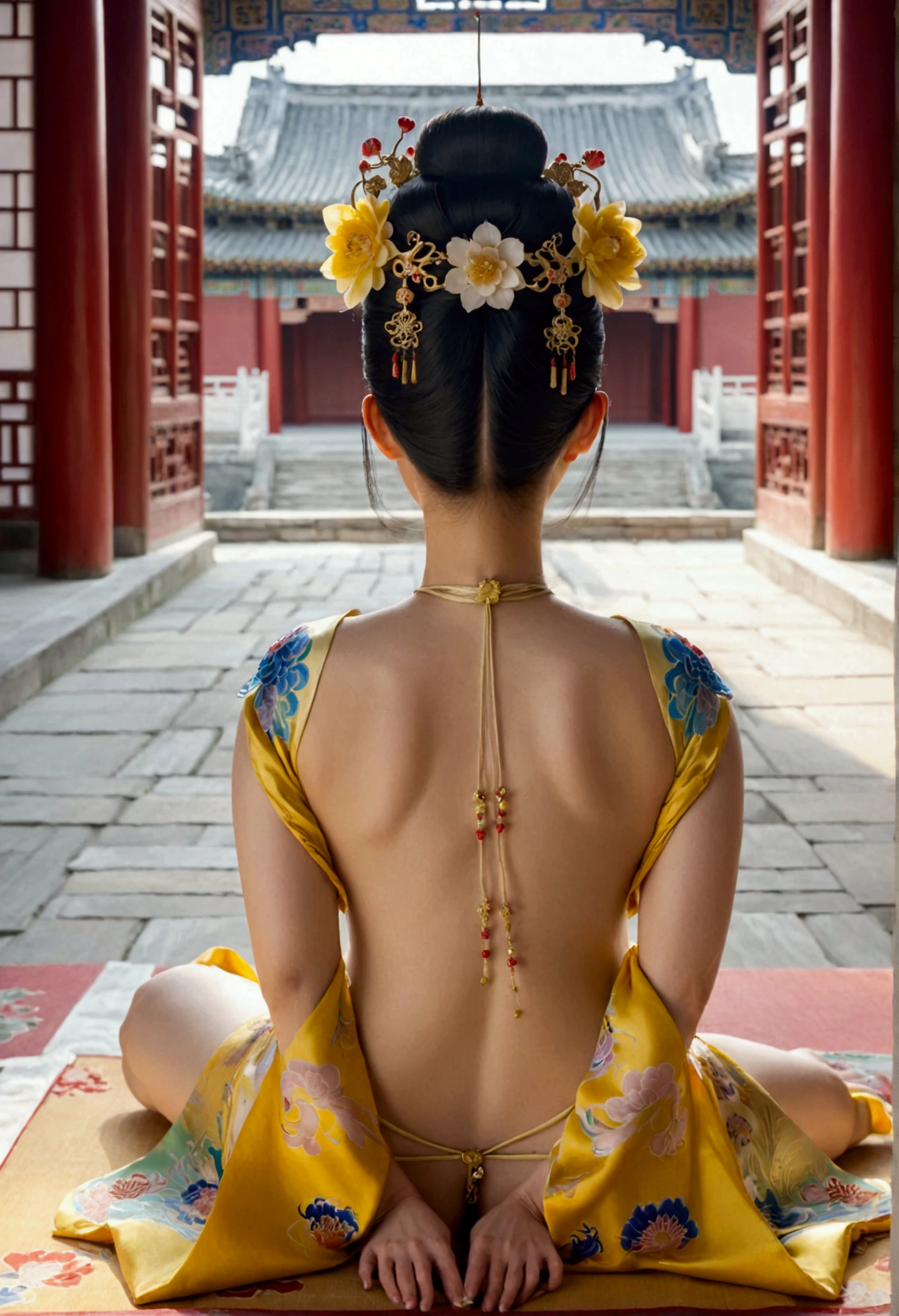 A woman seen from the front, bent over on the ground facing forward, legs spread apart, busty and naked, wearing a crown and showing her thighs and feet from below, in the Chinese imperial court of the Qing dynasty.。She is completely naked, showing off her gorgeous large flowers and hairpins, her hair tied up and pulled up, and the background is the stone paving of the Chinese palace of the Qing Dynasty.