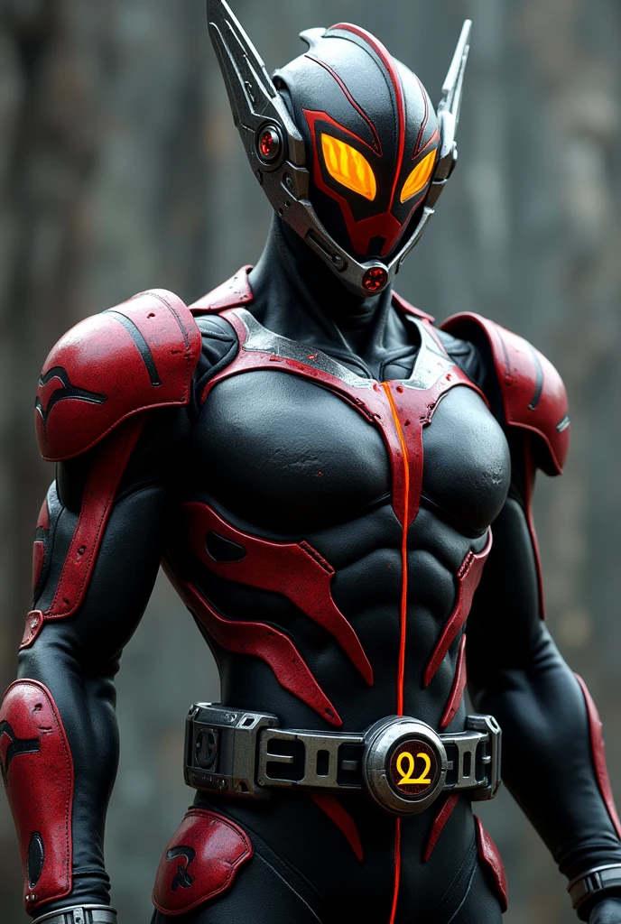 Kamen Rider Faiz 555 Transforms with a cell phone Black body with red lines Silver on chest and other parts Yellow eyes Overall body armor is rounded The Greek letter Φ is the motif The face is also round overall Cell phone attached to the belt The eyes are yellow and shaped like the letter Φ