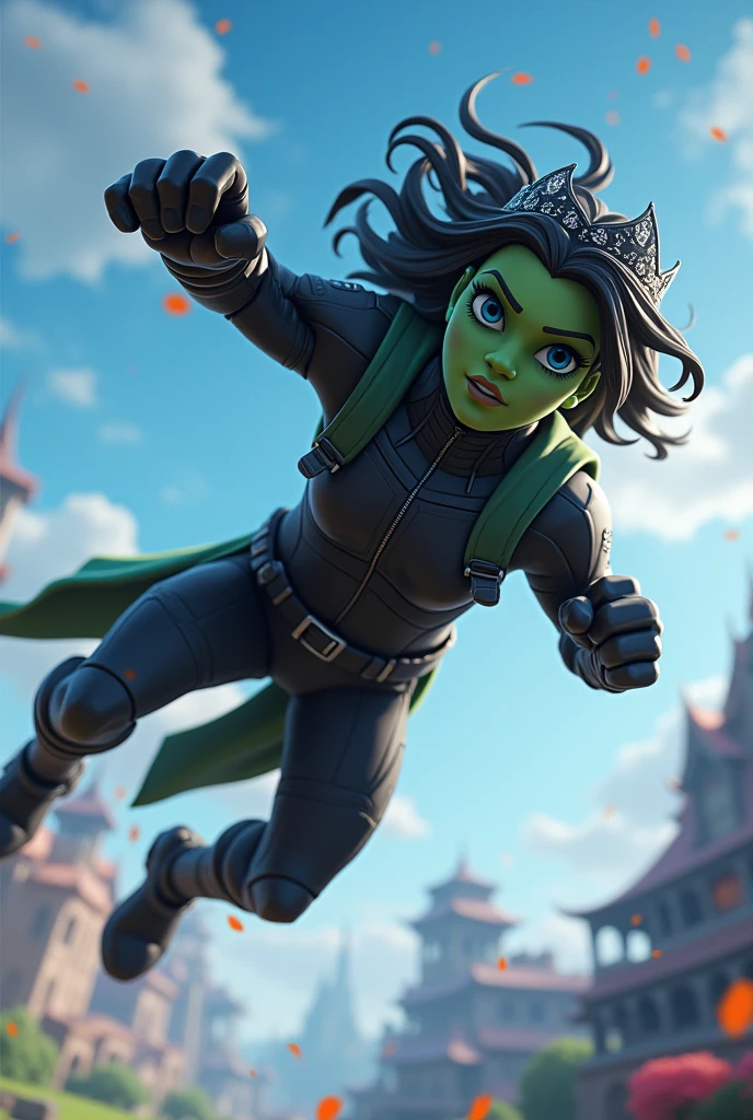 Un superman dans les airs qui porte une fille avec la peau verte les cheveux noires et une tenue noire avec une couronne noire sur la tête dans le style de fortnite