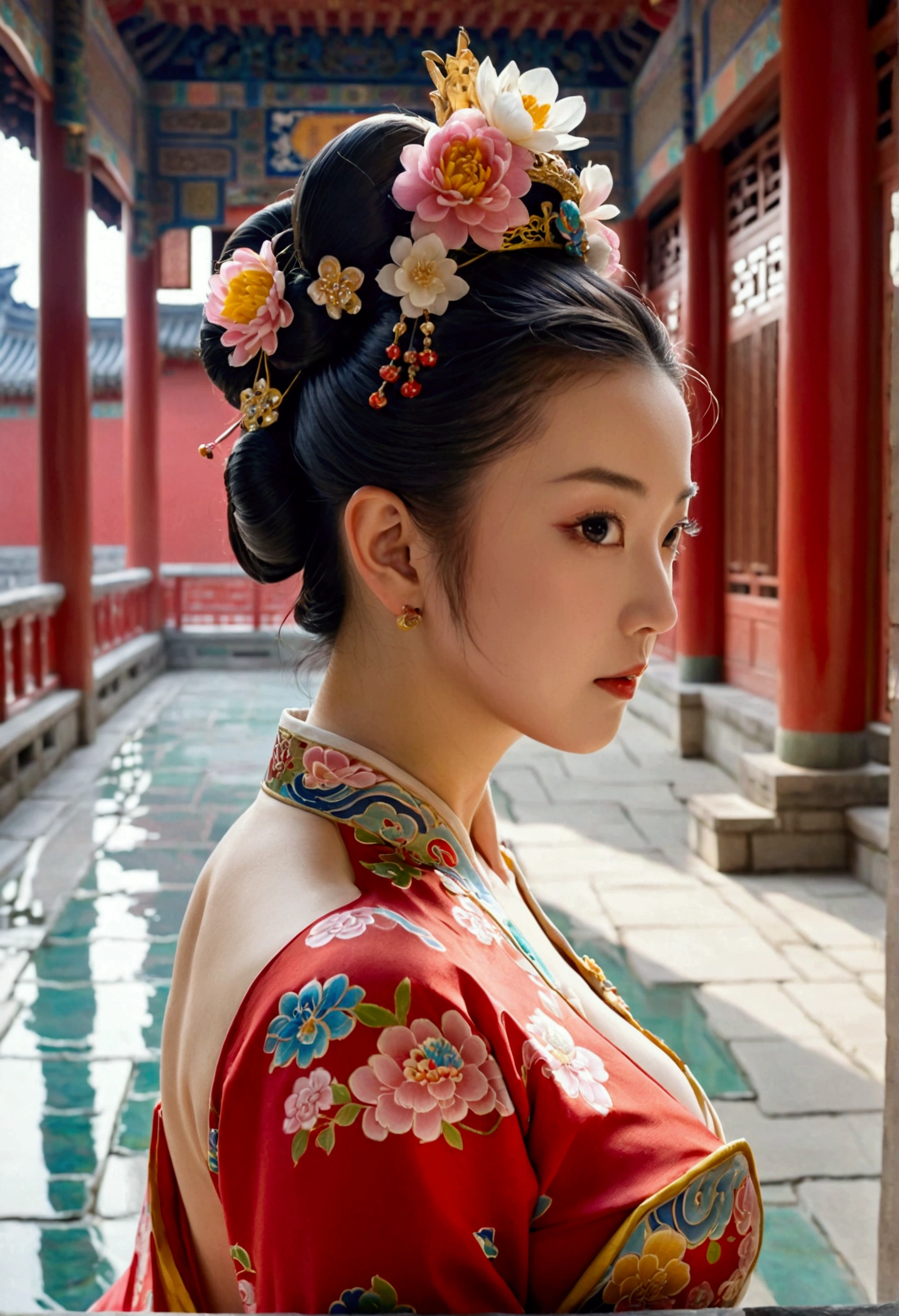 A woman seen from the front, bent over on the ground facing forward, legs spread apart, busty and naked, wearing a crown and showing her thighs and feet from below, in the Chinese imperial court of the Qing dynasty.。She is completely naked, showing off her gorgeous large flowers and hairpins, her hair tied up and pulled up, and the background is the stone paving of the Chinese palace of the Qing Dynasty.
