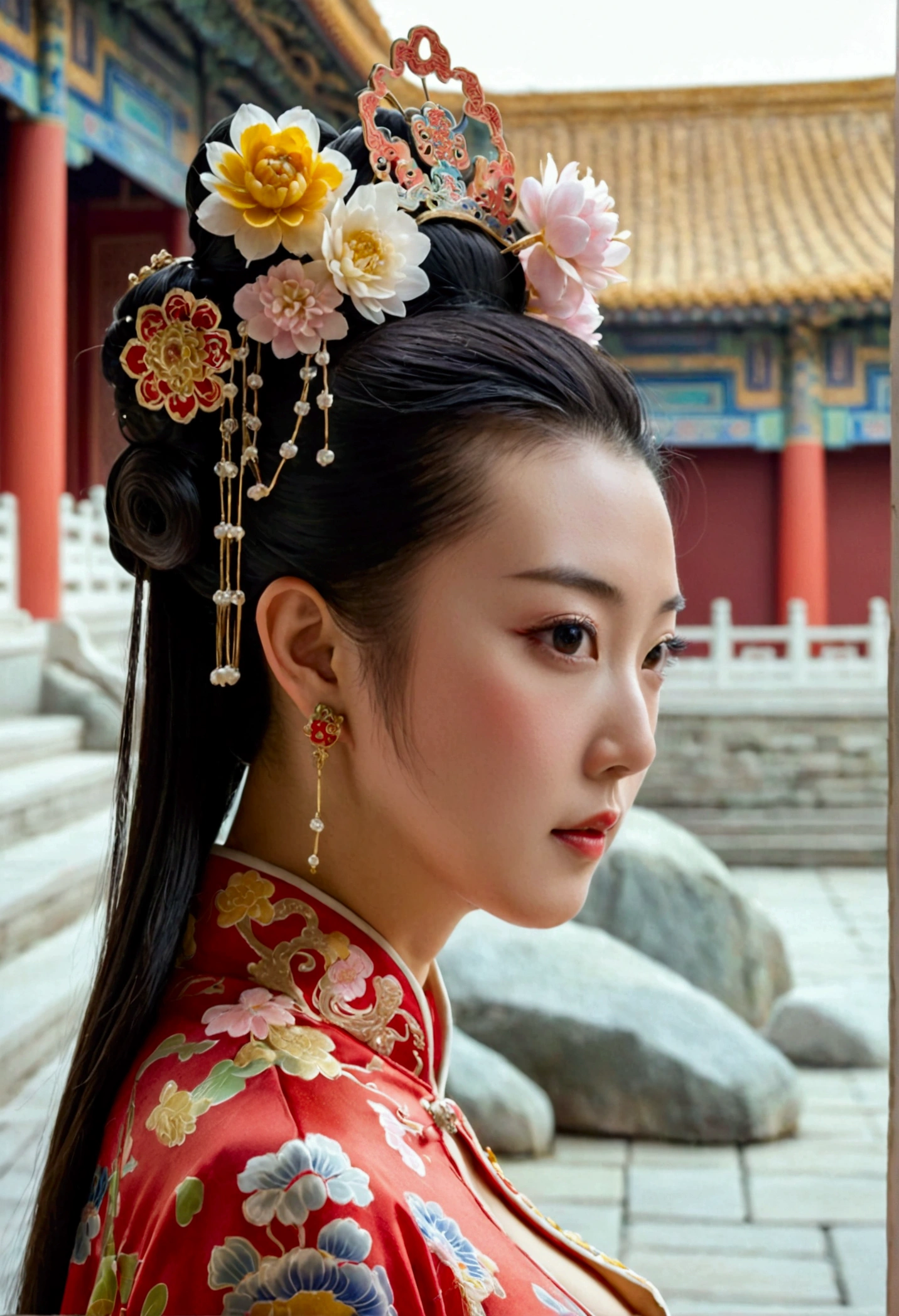 A woman seen from the front, bent over on the ground facing forward, legs spread apart, busty and naked, wearing a crown and showing her thighs and feet from below, in the Chinese imperial court of the Qing dynasty.。She is completely naked, showing off her gorgeous large flowers and hairpins, her hair tied up and pulled up, and the background is the stone paving of the Chinese palace of the Qing Dynasty.