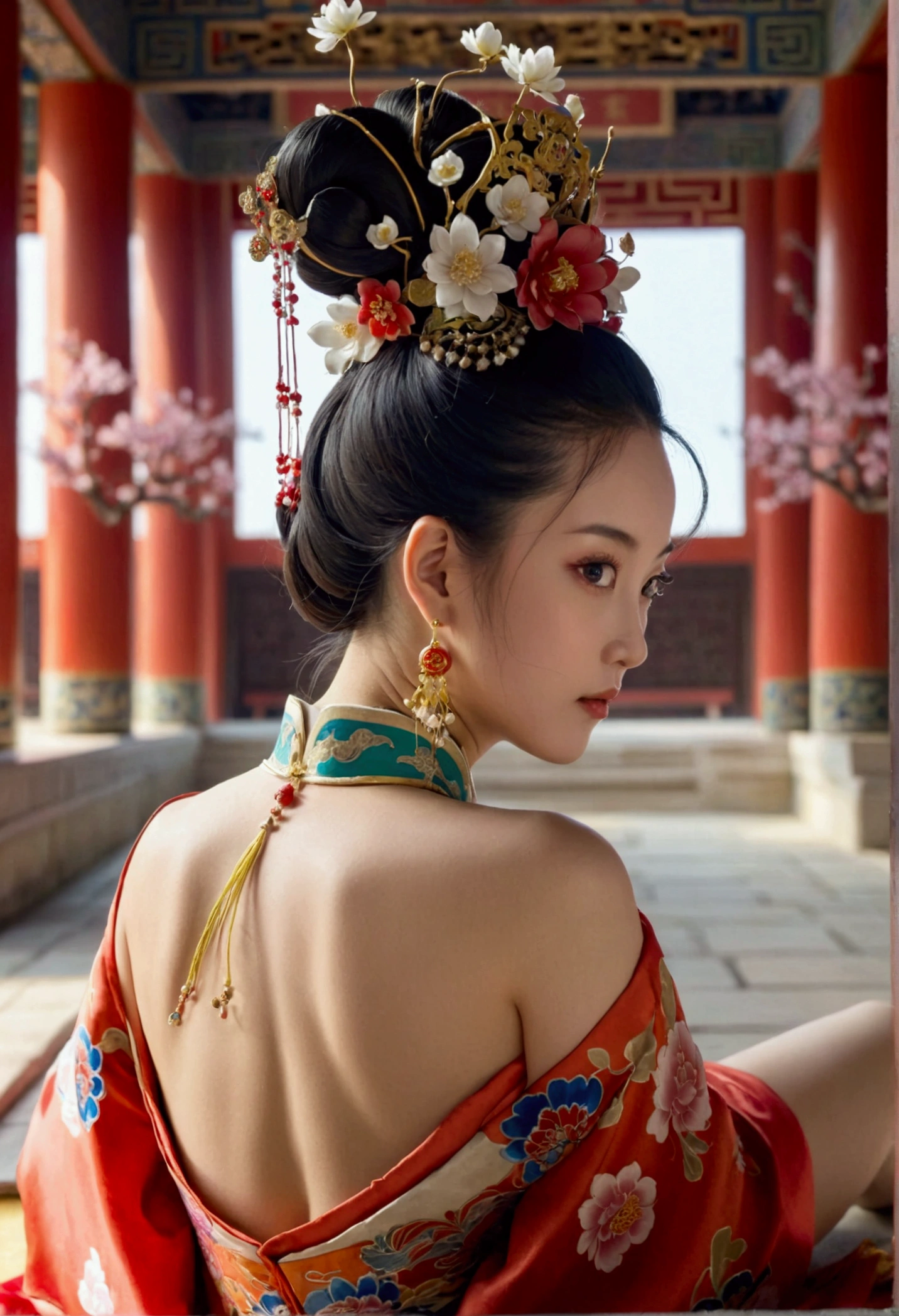 A woman seen from the front, bent over on the ground facing forward, legs spread apart, busty and naked, wearing a crown and showing her thighs and feet from below, in the Chinese imperial court of the Qing dynasty.。She is completely naked, showing off her gorgeous large flowers and hairpins, her hair tied up and pulled up, and the background is the stone paving of the Chinese palace of the Qing Dynasty.