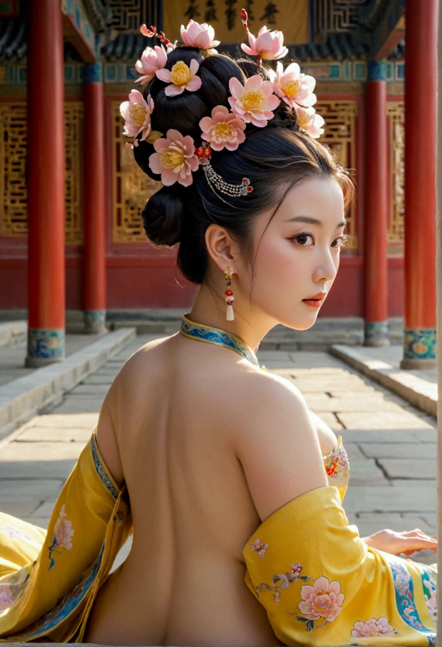 A woman seen from the front, bent over on the ground facing forward, legs spread apart, busty and naked, wearing a crown and showing her thighs and feet from below, in the Chinese imperial court of the Qing dynasty.。She is completely naked, showing off her gorgeous large flowers and hairpins, her hair tied up and pulled up, and the background is the stone paving of the Chinese palace of the Qing Dynasty.