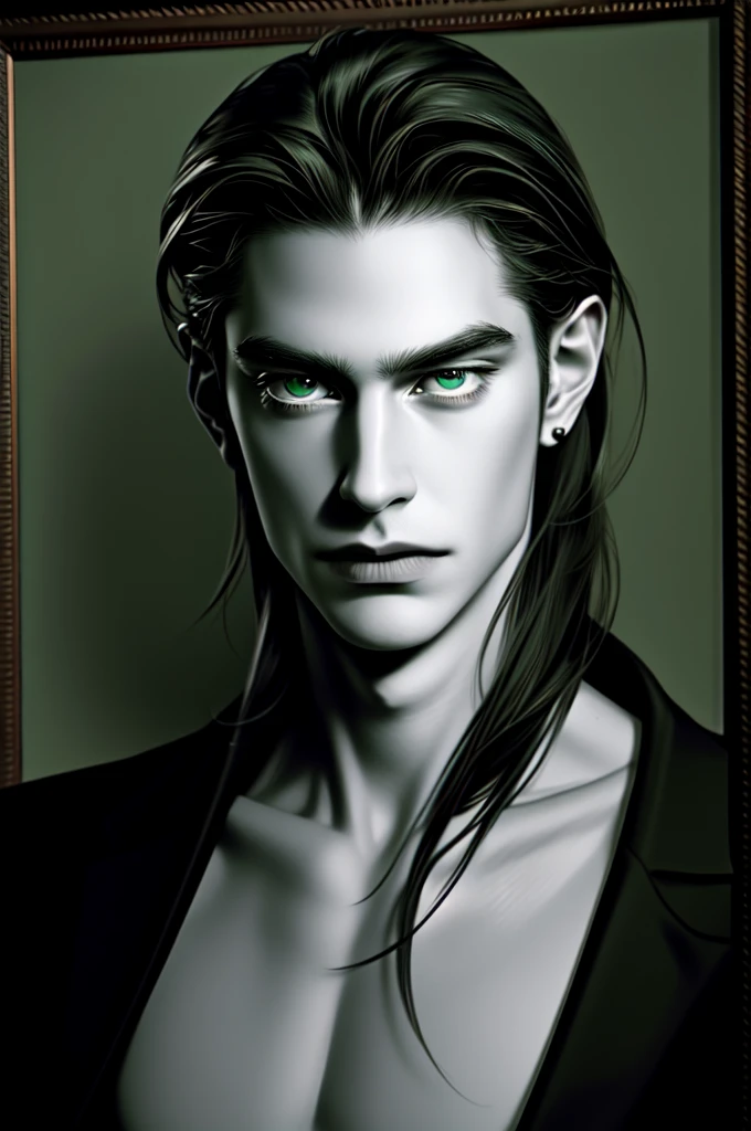 detailed portrait of a tall, dark-haired man with slightly wavy shoulder-length hair, intense green eyes, pale skin, and refined, ethereal features, in an art gallery setting, high quality, 4k, photorealistic, dramatic lighting, cinematic composition