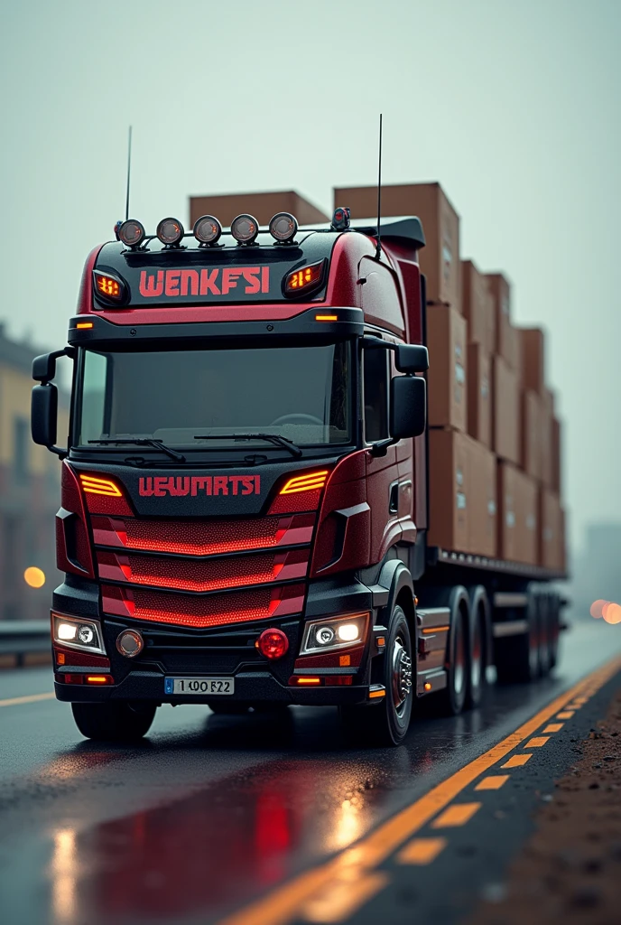 Lorry company create the name is New Kingston background on the road, bring the item like many boxes,colour Red black like a ghost rider