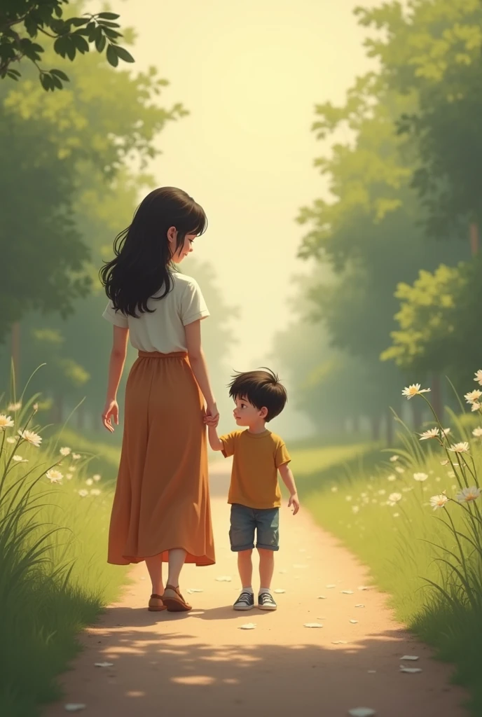 Mother and son walk back